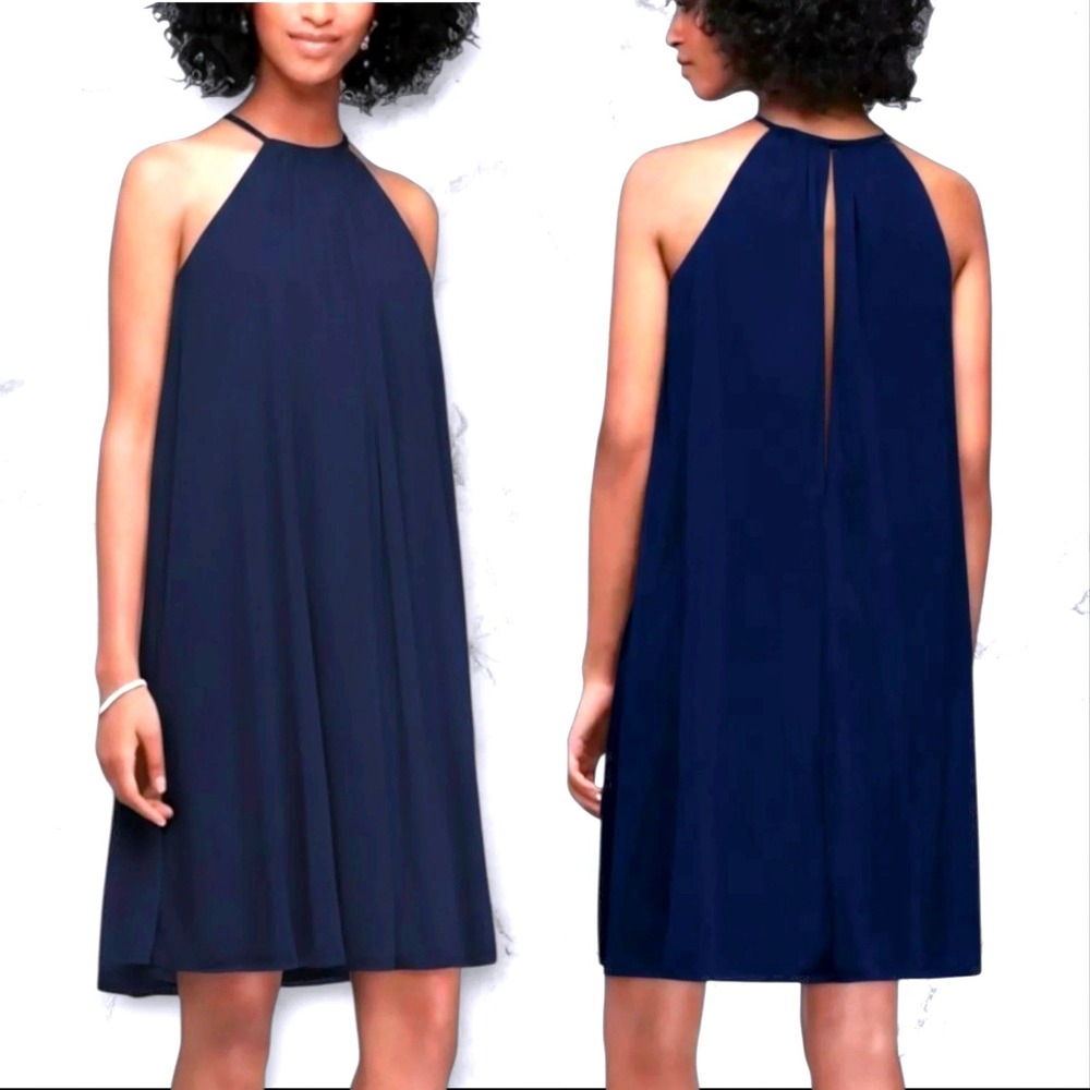 David's Bridal Bridesmaid Dress Womens 6 Navy Blue Halter Neck Wedding Formal